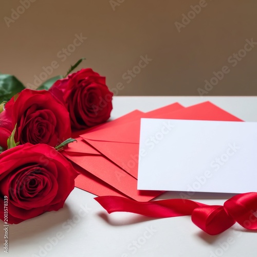Roses and Red Envelopes on a Table With a Blank Card and Satin Ribbon for a S...