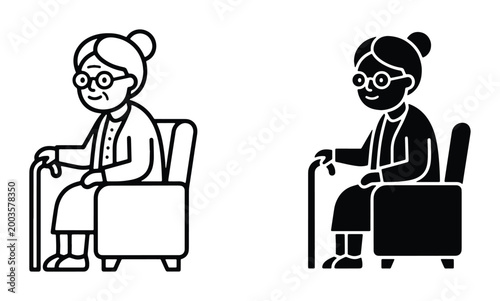 Elderly woman sitting in armchair icon set, senior grandmother with walking stick vector illustration, retired lady in chair line and silhouette graphics