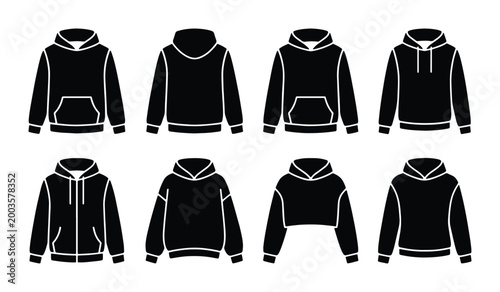 Black hoodie vector icons set, minimalist sweatshirt apparel mockups, flat clothing silhouettes for fashion design and streetwear branding, 8 vector elements