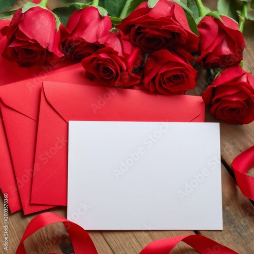 Roses and Red Envelopes on a Table With a Blank Card and Satin Ribbon for a S...