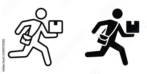 Delivery courier running with package icons, fast shipping service symbols, black outline and solid silhouette vector set for logistics and mail tracking