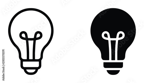 Minimalist light bulb icon set, black outline and solid silhouette lightbulb vector, creative idea and innovation symbol for business branding