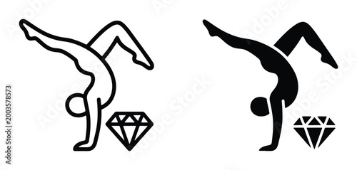 Gymnastics handstand silhouette icons with diamond, rhythmic gymnast athlete performing acrobatic pose, black and white vector set for sports branding