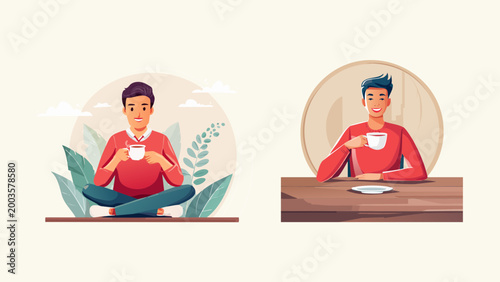 Illustration of a man enjoying a cup of coffee or tea, meditating or relaxing at home and at a table
