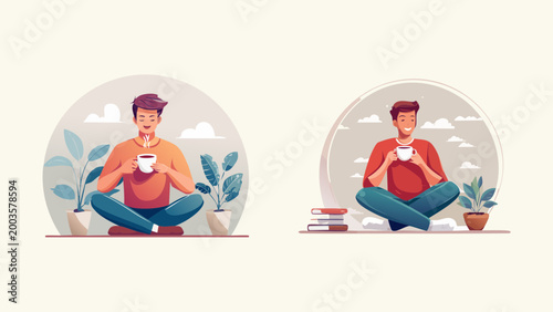 Illustration of a man enjoying a warm beverage while seated in a relaxed pose amidst a serene natural setting, featuring indoor plants and books, evoking comfort and tranquility