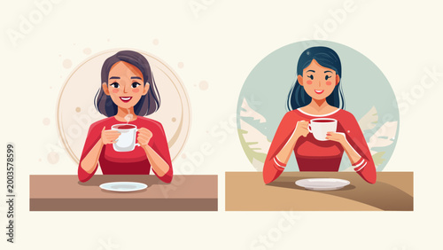Two women enjoying a warm beverage, one indoors and one outdoors with a scenic background