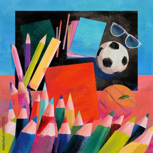 Art Supplies and Sports Items on a Table During a Creative Activity for Children