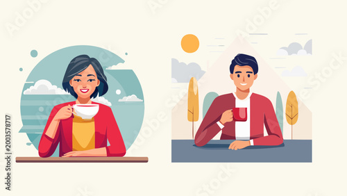 Two people enjoying a cup of coffee or tea indoors with a bright sunny day outside illustration