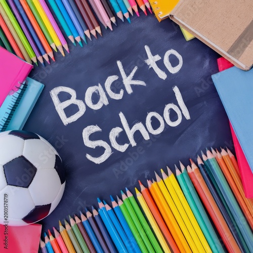 Back to School Items Arranged With Colorful Supplies and a Soccer Ball for th...