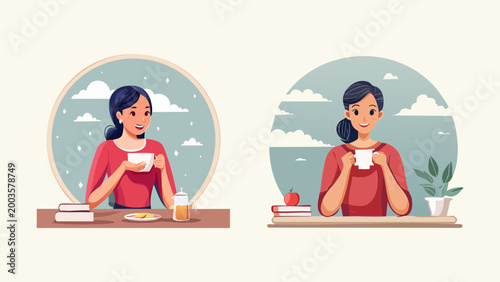 A woman enjoying a warm beverage and breakfast, with another woman holding a hot drink beside a stack of books