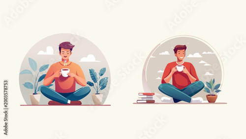 Cozy Reading Nook with a Man Enjoying Coffee Amidst Books and Plants