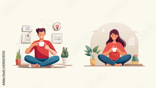 Couple enjoying coffee break, illustrating relaxation and comfort at home with indoor plants and cozy decor