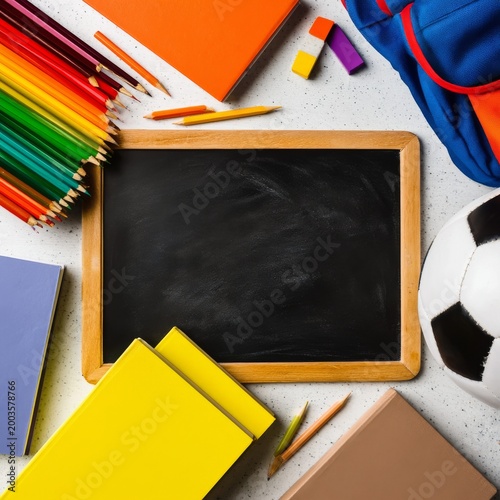School Supplies and Sports Equipment Spread on a Table for a Creative Activity