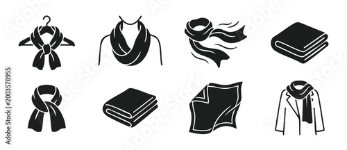 Scarf and blanket icon set, winter clothing and textile accessories, fashion apparel symbols for branding, web design, e-commerce, isolated vector graphics on white background, black flat minimalist s
