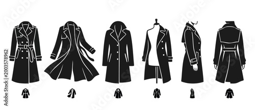 Trench Coat Fashion Design Set, Outerwear Silhouette Vector Icons. Collection of black classic overcoat styles, elegant autumn winter clothing, apparel technical flat drawings for boutique fashion bra