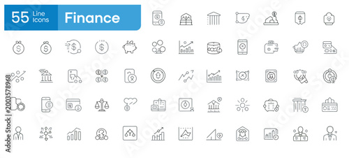 Collection of 55 line icons related to finance and business concepts and services