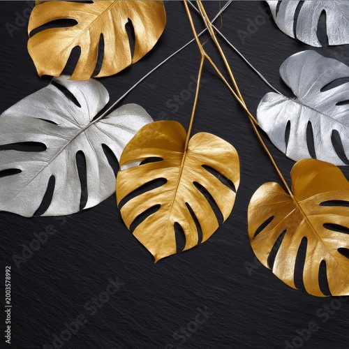Decorative Leaves in Gold and Silver Colors Arranged on a Dark Surface