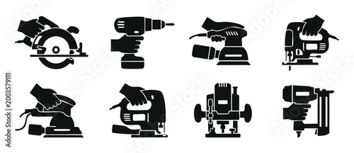 Power Tools Icons Set, Construction Equipment Silhouette Collection for Carpentry and DIY Projects. Handheld Electric Saw, Drill, Sander, Jigsaw, Router, and Nail Gun Symbols for Professional Workshop
