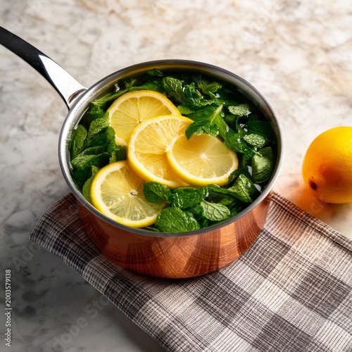 Slices of Lemon and Mint Leaves in a Pot on a Countertop With a Lemon Beside It