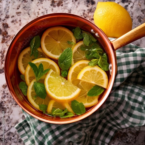 Slices of Lemon and Mint Leaves in a Pot on a Countertop With a Lemon Beside It