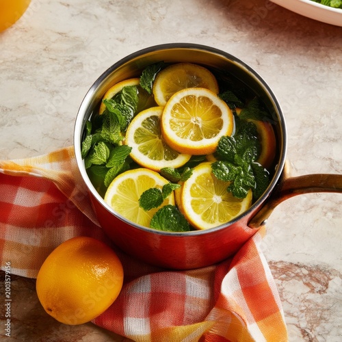 Hot Drink With Lemon Slices and Mint in a Pot on a Kitchen Table With a Towel