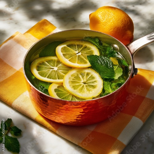 Hot Drink With Lemon Slices and Mint in a Pot on a Kitchen Table With a Towel