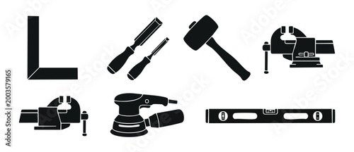 Carpentry tools set icons, woodworking equipment collection for construction work. Professional workshop instruments, vise, chisel, mallet, sander and spirit level symbols for design projects and blue