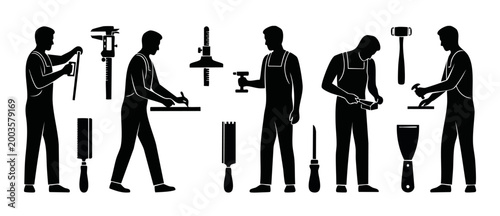 Carpenter silhouettes with woodworking tools collection, professional craftsmen working with construction equipment and manual measuring instruments, vector illustration isolated on white background