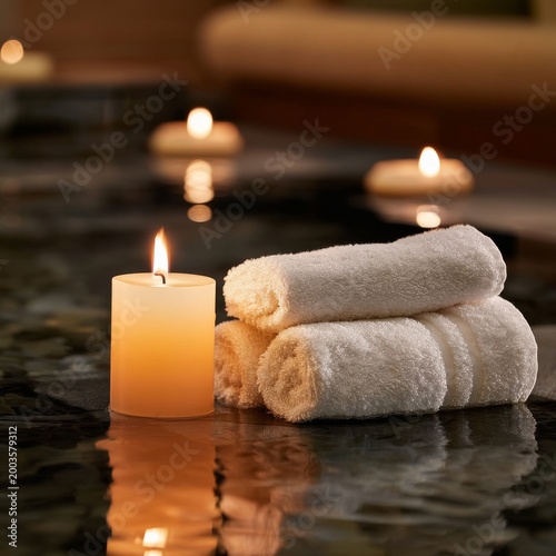 Relaxation Space With Soft Towels and Candles Near a Water Surface in a Calm ...