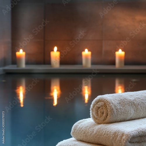 Candles Glow Near Towels by Water in a Spa Setting