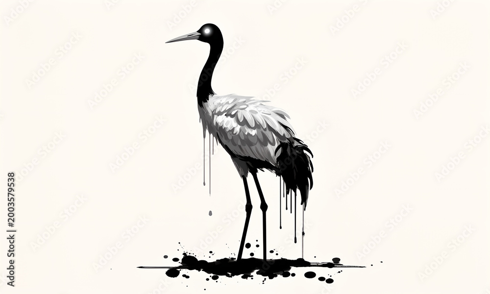 Obraz premium Artistic monochrome illustration of a stylized crane with dripping ink and glowing eye on white background