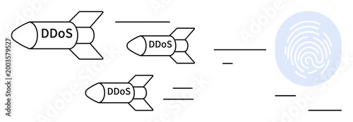 Cybersecurity threats, DDoS attacks, system protection, digital defense, network security, online vulnerabilities. Rockets labeled DDoS aiming at a digital fingerprint icon. Cybersecurity threats