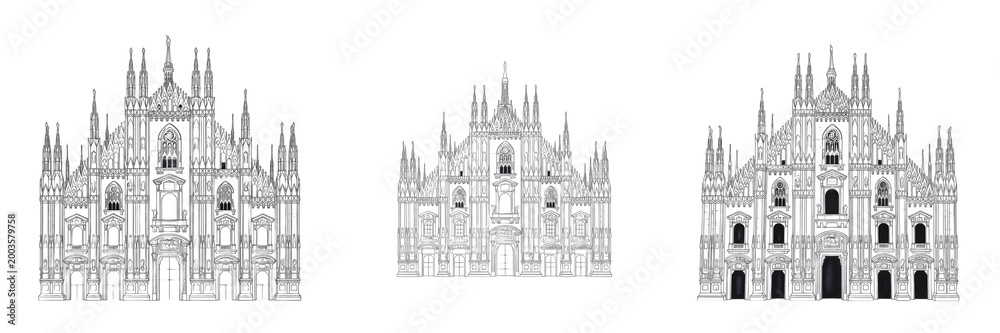 Fototapeta premium Set and collection of Milan Cathedral Duomo architecture isolated on white transparent png background
