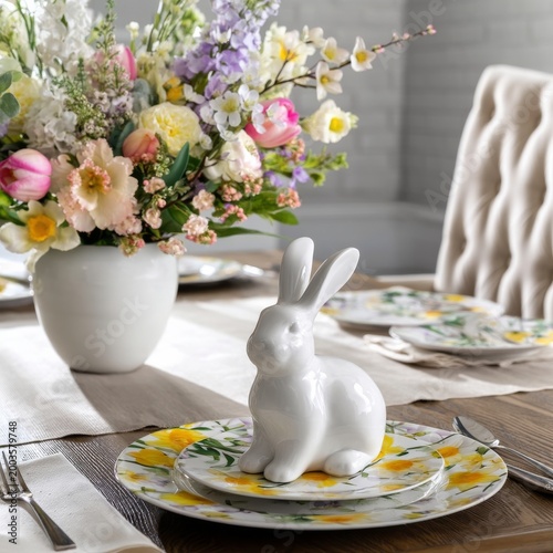 Table Setting With Decorative Flowers and a White Rabbit Figure in a Dining Room