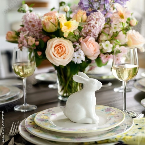 Table Setting With Decorative Flowers and a White Rabbit Figure in a Dining Room