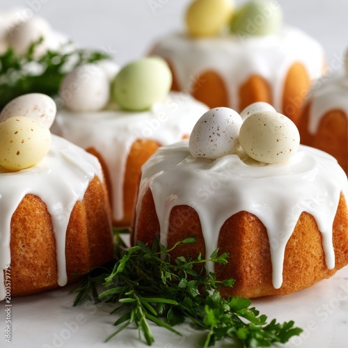 Cakes With Icing and Small Eggs on Top for Spring Celebration in a Bright Kit...