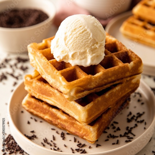 Freshly Made Waffles Stacked on a Plate With a Scoop of Ice Cream on Top