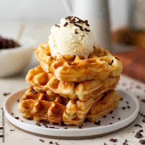 Freshly Made Waffles Stacked on a Plate With a Scoop of Ice Cream on Top