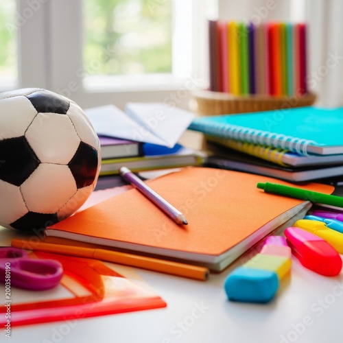 Desk With School Supplies, a Soccer Ball, and Colorful Folders in a Well-Lit ...