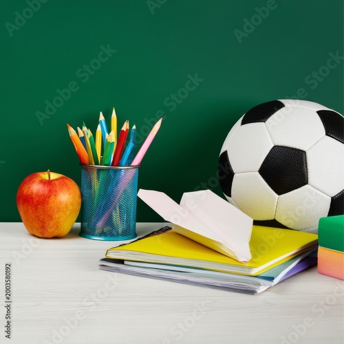 Desk With School Supplies, a Soccer Ball, and Colorful Folders in a Well-Lit ...