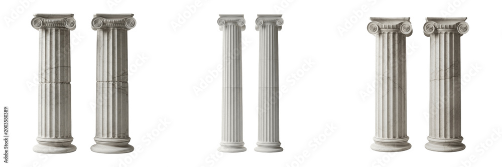 Obraz premium Set and collection of two white marble columns isolated on white transparent png background