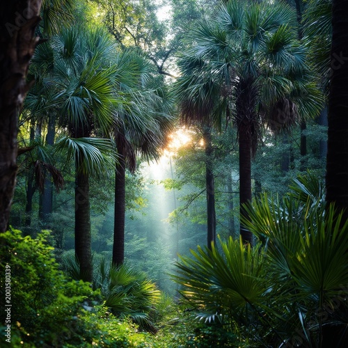 Sunlight Shines Through Trees in a Dense Forest During Early Morning Hours