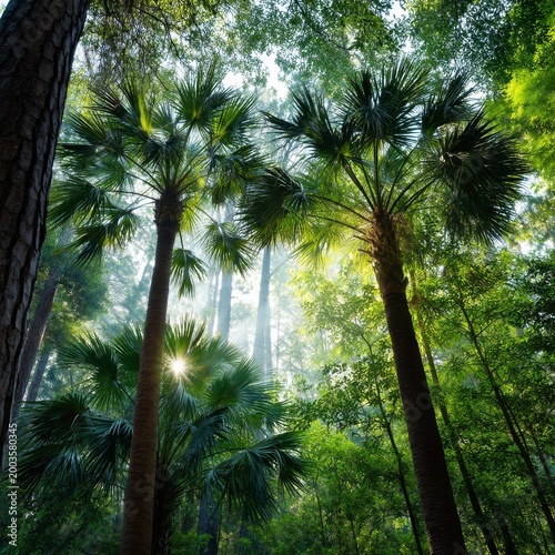 Sunlight Shines Through Trees in a Dense Forest During Early Morning Hours
