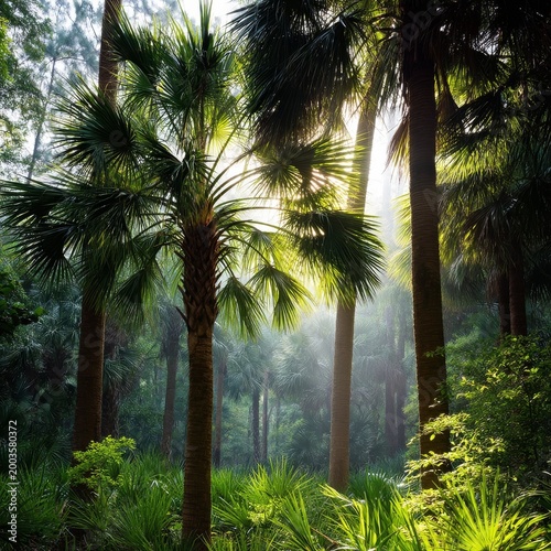 Sunlight Breaks Through Trees in a Forest Setting Early in the Morning