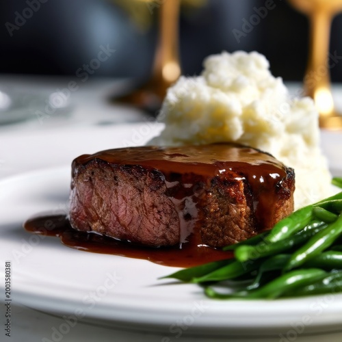 Juicy Steak Served With Mashed Potatoes and Green Beans at a Fine Dining Rest...