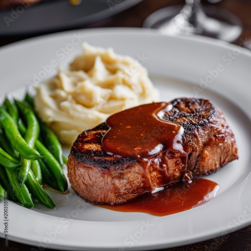 Juicy Steak Served With Mashed Potatoes and Green Beans at a Fine Dining Rest...