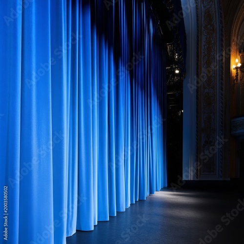 Blue Curtains Hanging on a Stage Before a Performance at Night