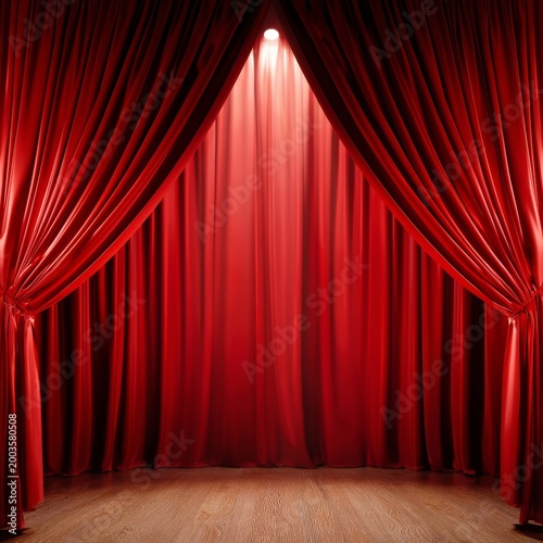 Red Curtains Part to Reveal Stage Light at a Theater Before a Performance Dur...