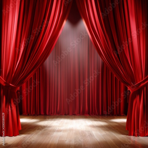 Red Curtains Stand Ready for a Performance in a Theater Setting With a Wooden...