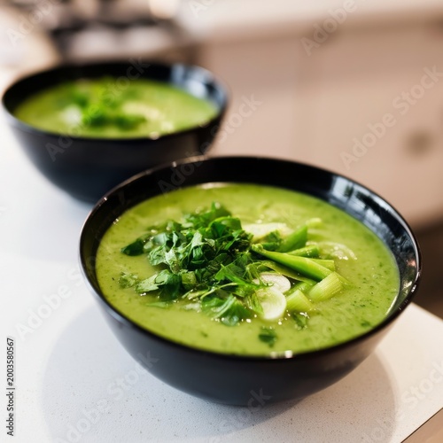 Fresh Green Soup With Herbs and Vegetables Served in Black Bowls on a Kitchen...